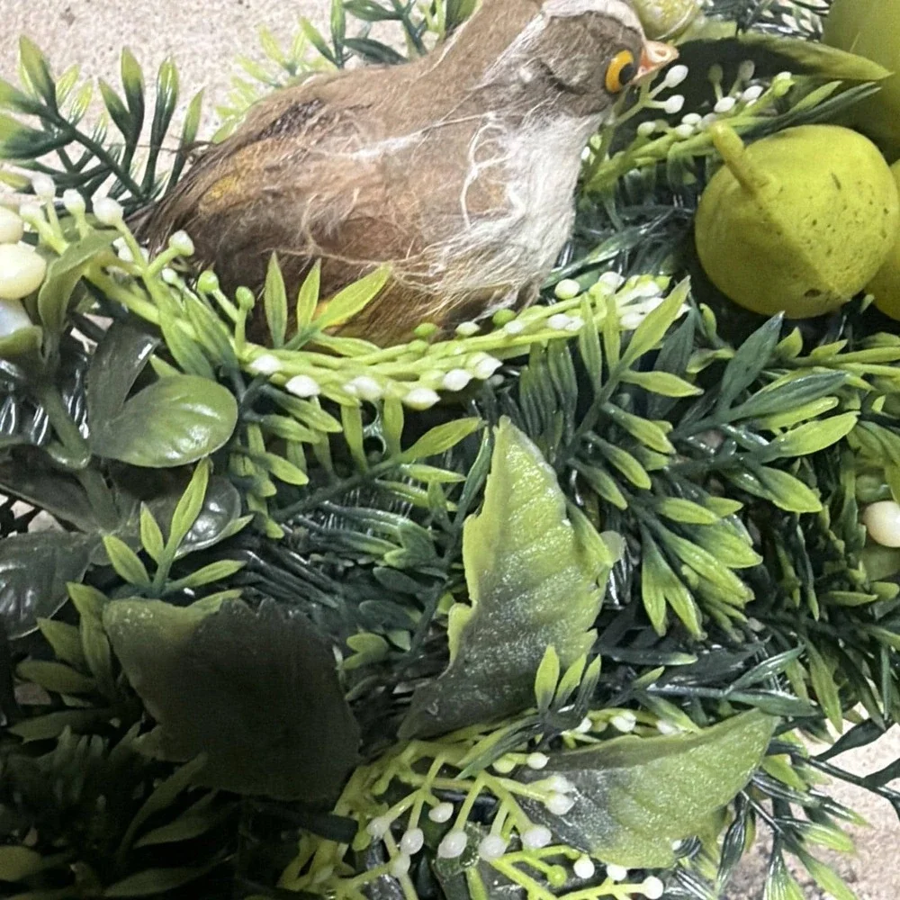 Vintage Fall Wreath Faux Pears Berries Feather Birds Greenery Autumn Decor